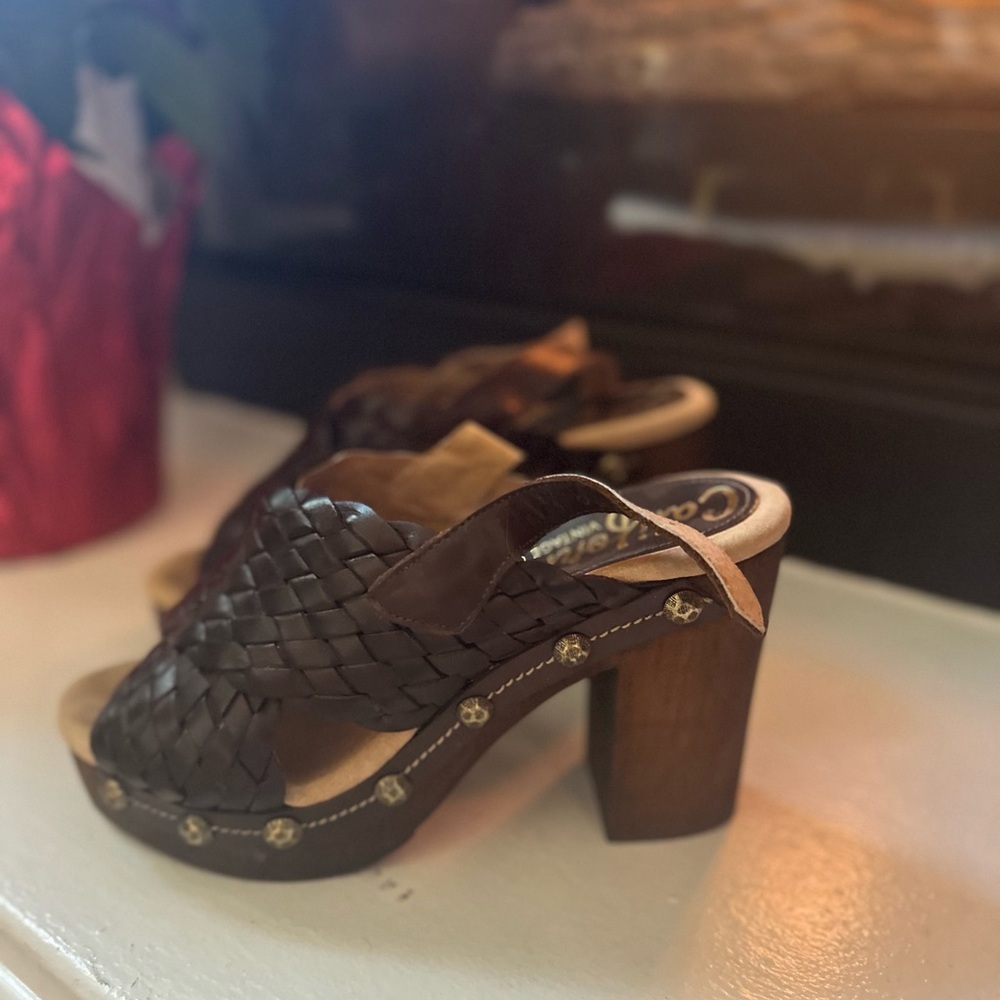 Western Platform Studded Leather Weave Sandal Heels